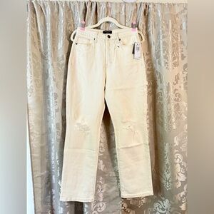 Earnest Sewn Cream Straight-Leg Jeans with Knee Distress